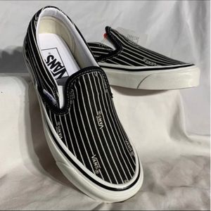 Vans Classic Slip On 9 Black White Anahm Factory Sripes Womans Shoes New